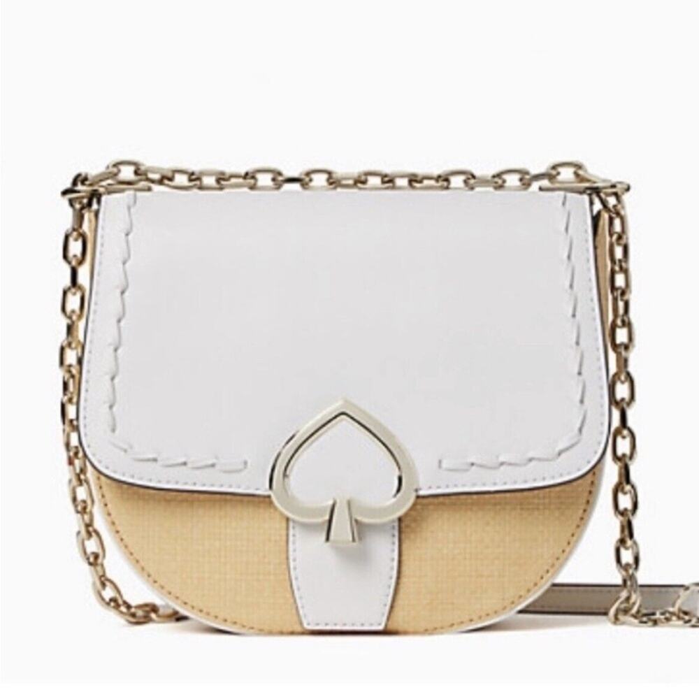 Kate Spade NWT Robyn Straw Whitedove Leather Medium Chain Saddle Bag Retail $399